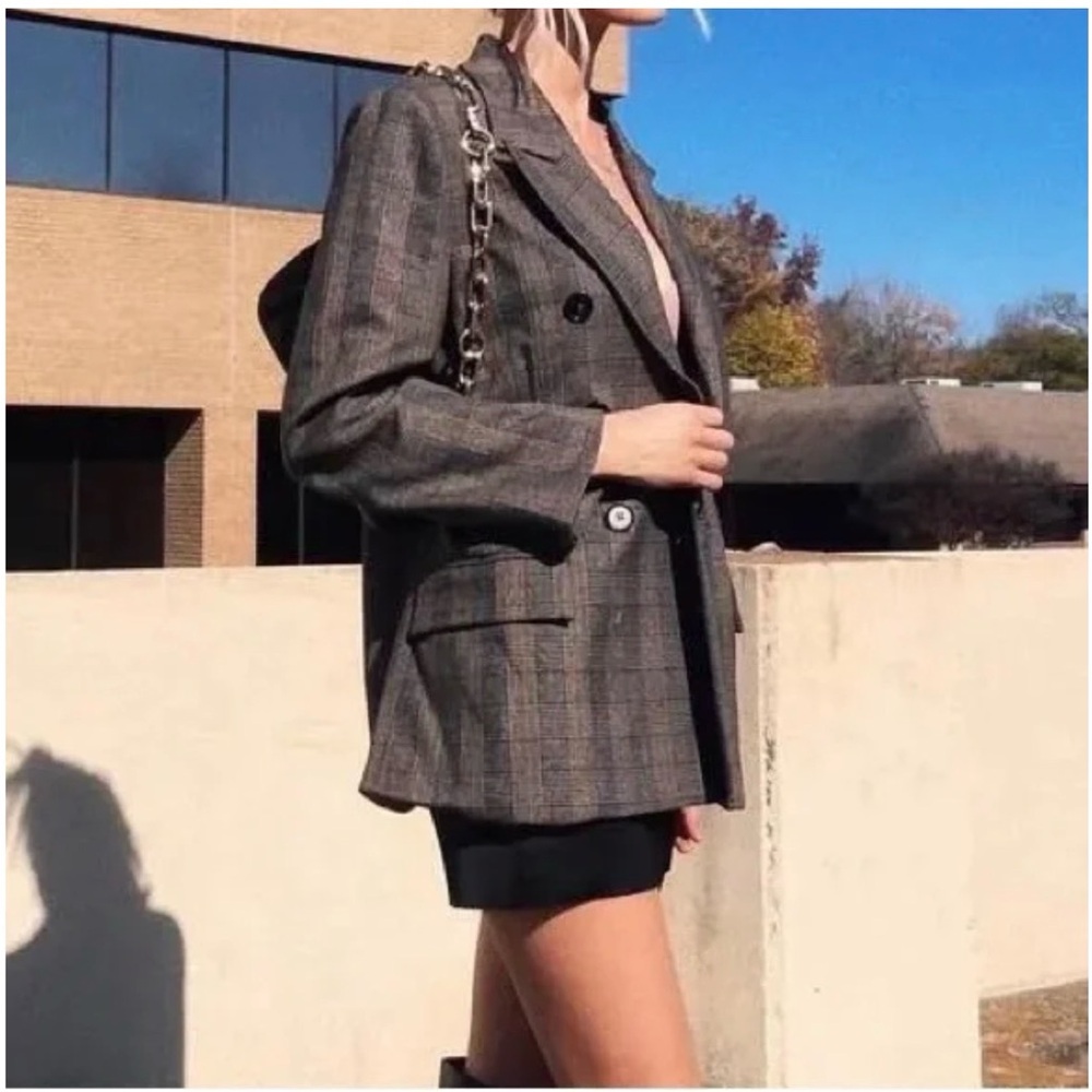 By Together Anthropologie Oversized Plaid Blazer Double Breasted Brown Grey